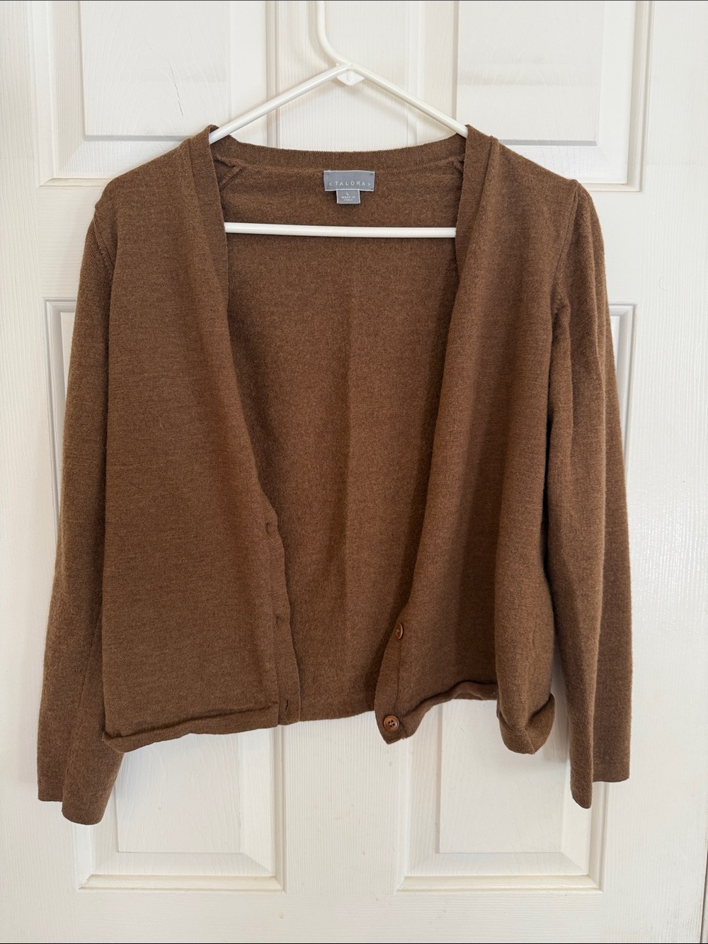 Talora Brown Italian 100% Merino Wool Open-Front Knit Preppy Cardigan